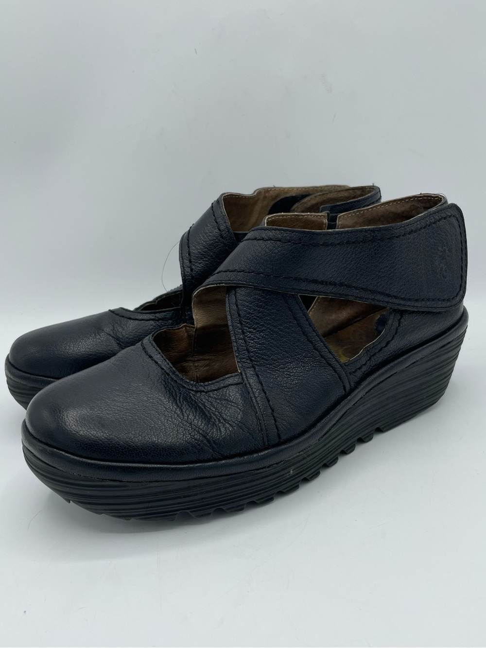 Fly London Black Leather Yogo Cross Bar Comfort Wedge Shoes.